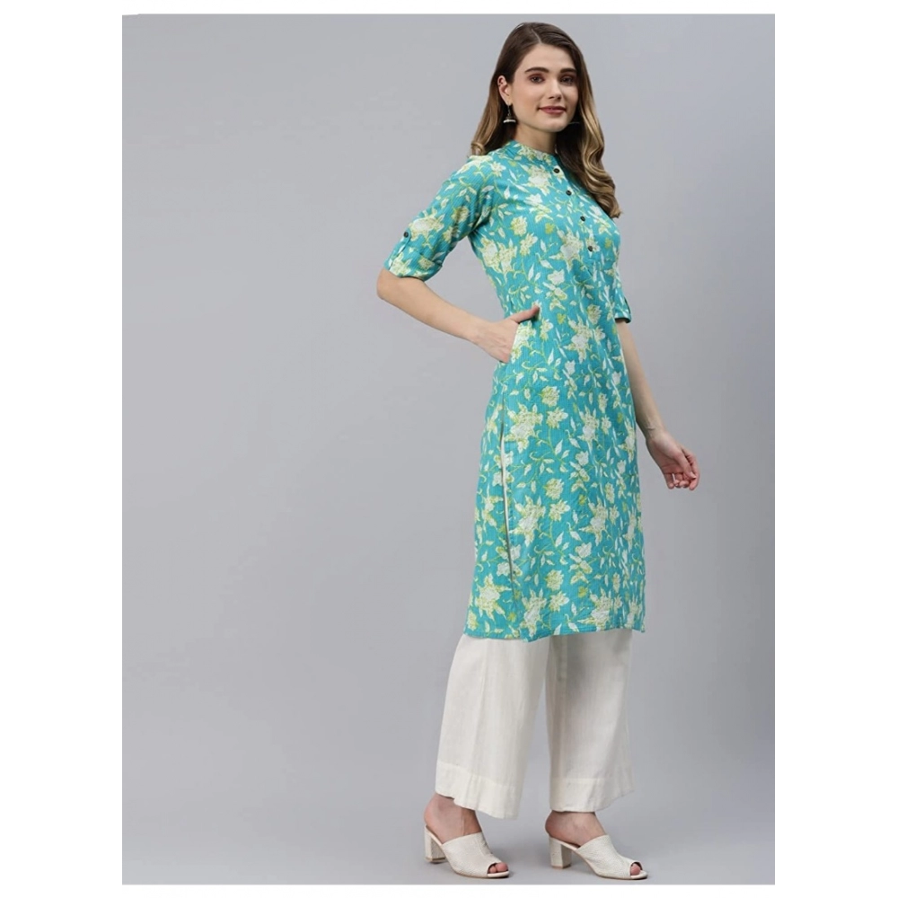 Women's Pure Cotton Printed Straight Kurti (Green, Pure Cotton) - Image 3