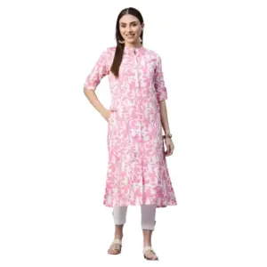 Women's Cotton Printed A Line Kurti (White, Pink, Cotton)