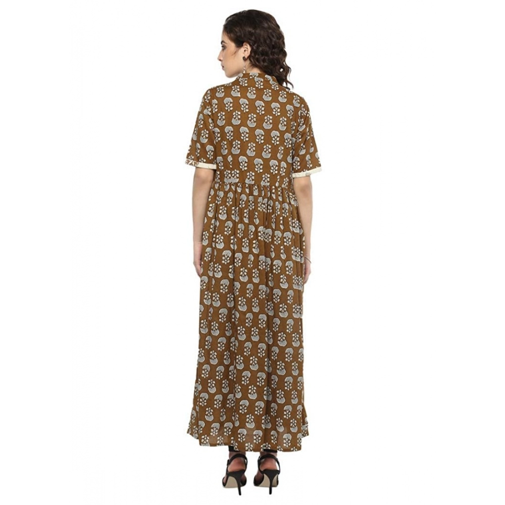 Women's Cotton Printed Front Slit Kurti (Brown, Cotton) - Image 2