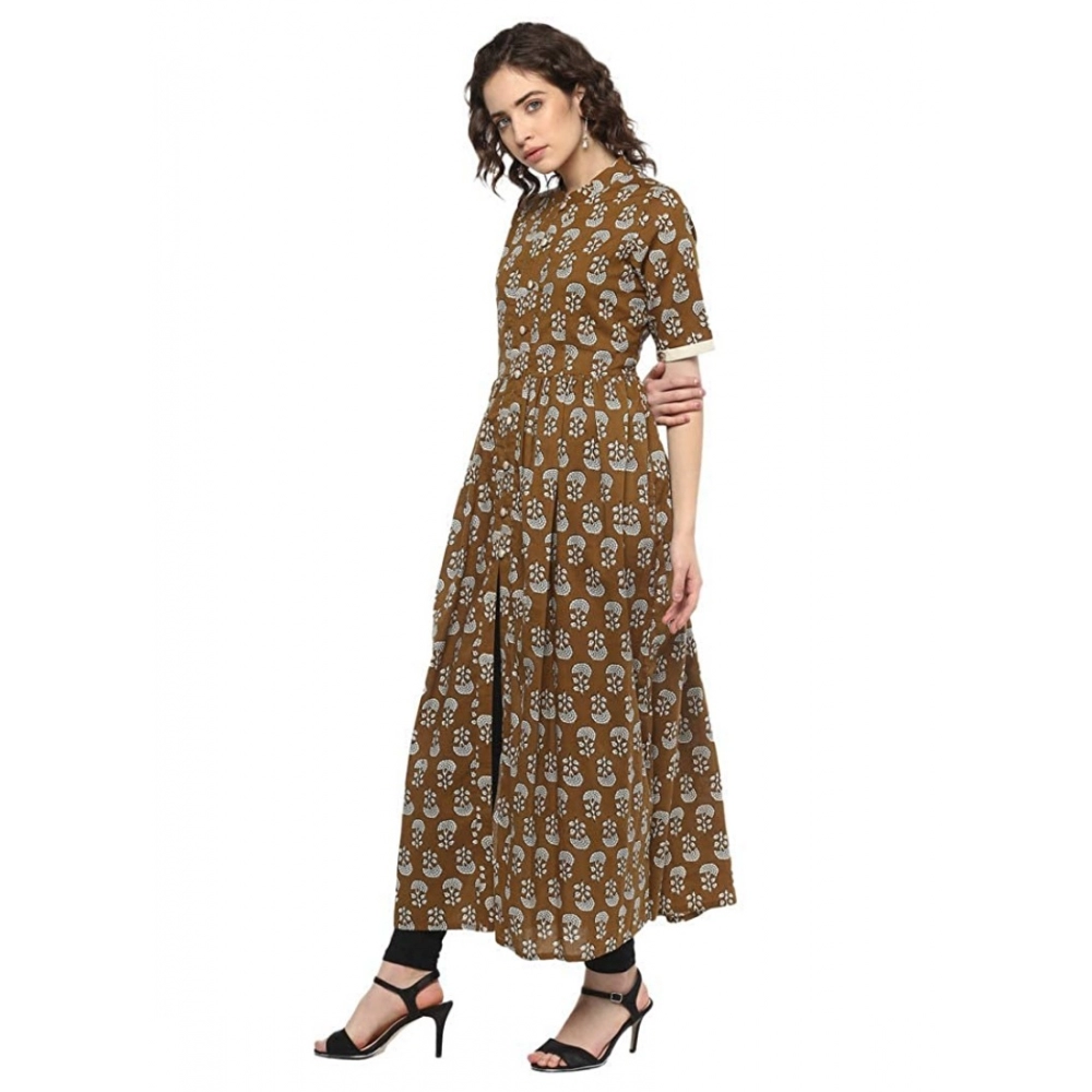 Women's Cotton Printed Front Slit Kurti (Brown, Cotton) - Image 4