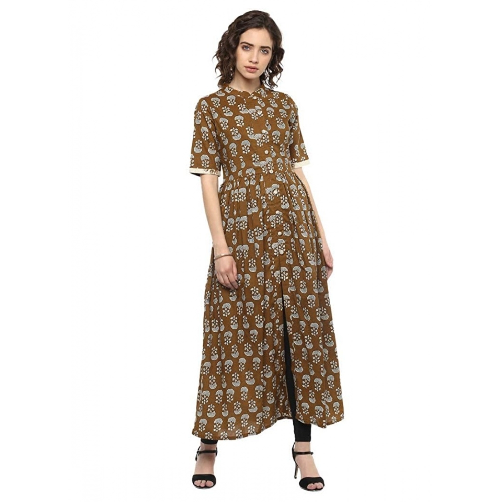 Women's Cotton Printed Front Slit Kurti (Brown, Cotton)