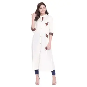Women's Khadi Printed A Line Kurti  (Off White, Khadi)
