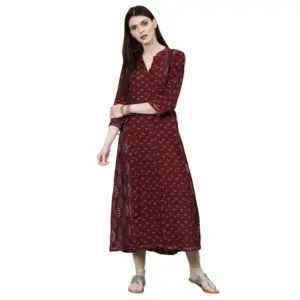 Women's Rayon Printed Regular Kurti (Maroon, Rayon)