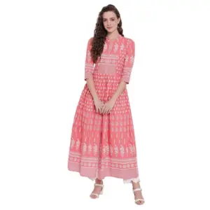 Women's Cotton Printed Regular Kurti (Peach, Cotton)