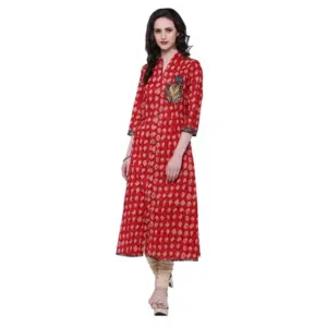 Women's Cotton Patch A Line Long Kurti (Red, Cotton)