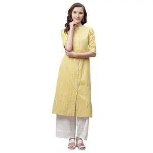 Women's Pure Cotton Printed A Line Kurti (Yellow, Pure Cotton)