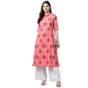 Women's Cotton Printed A Line Kurti (Peach, Cotton)