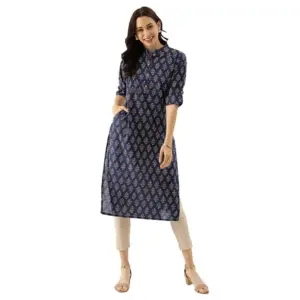 Women's Cotton Printed Straight Kurti (Navy Blue, Cotton)