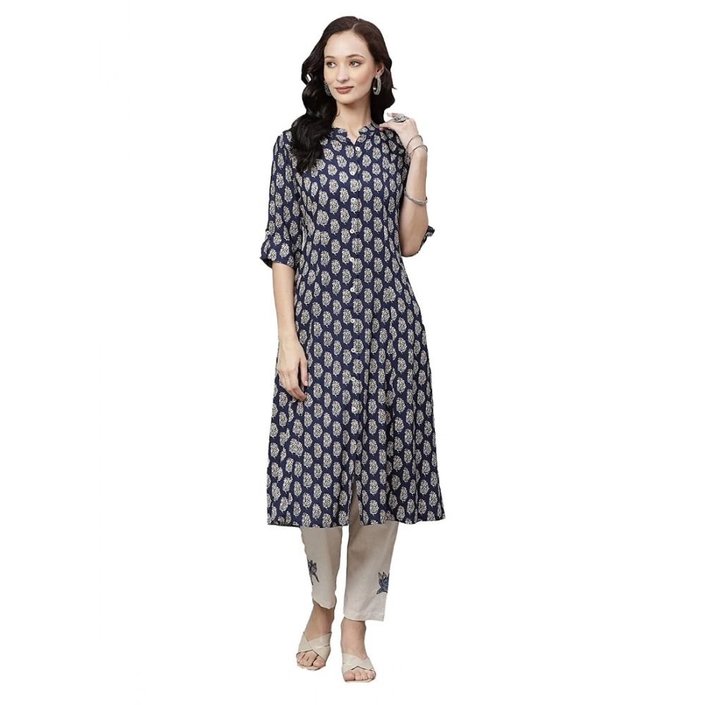 Women's Rayon Printed A Line Kurti (Blue, Rayon)