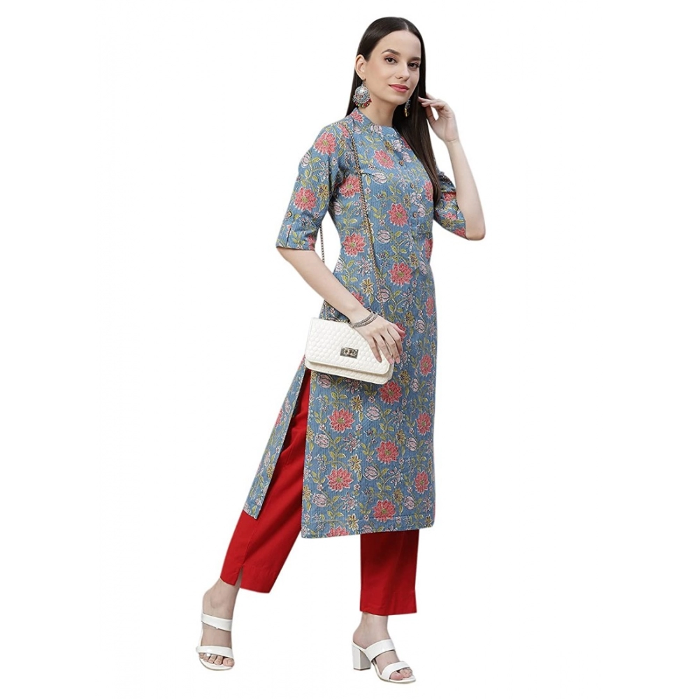 Women's Cotton Printed Straight Kurti (Blue, Cotton) - Image 2