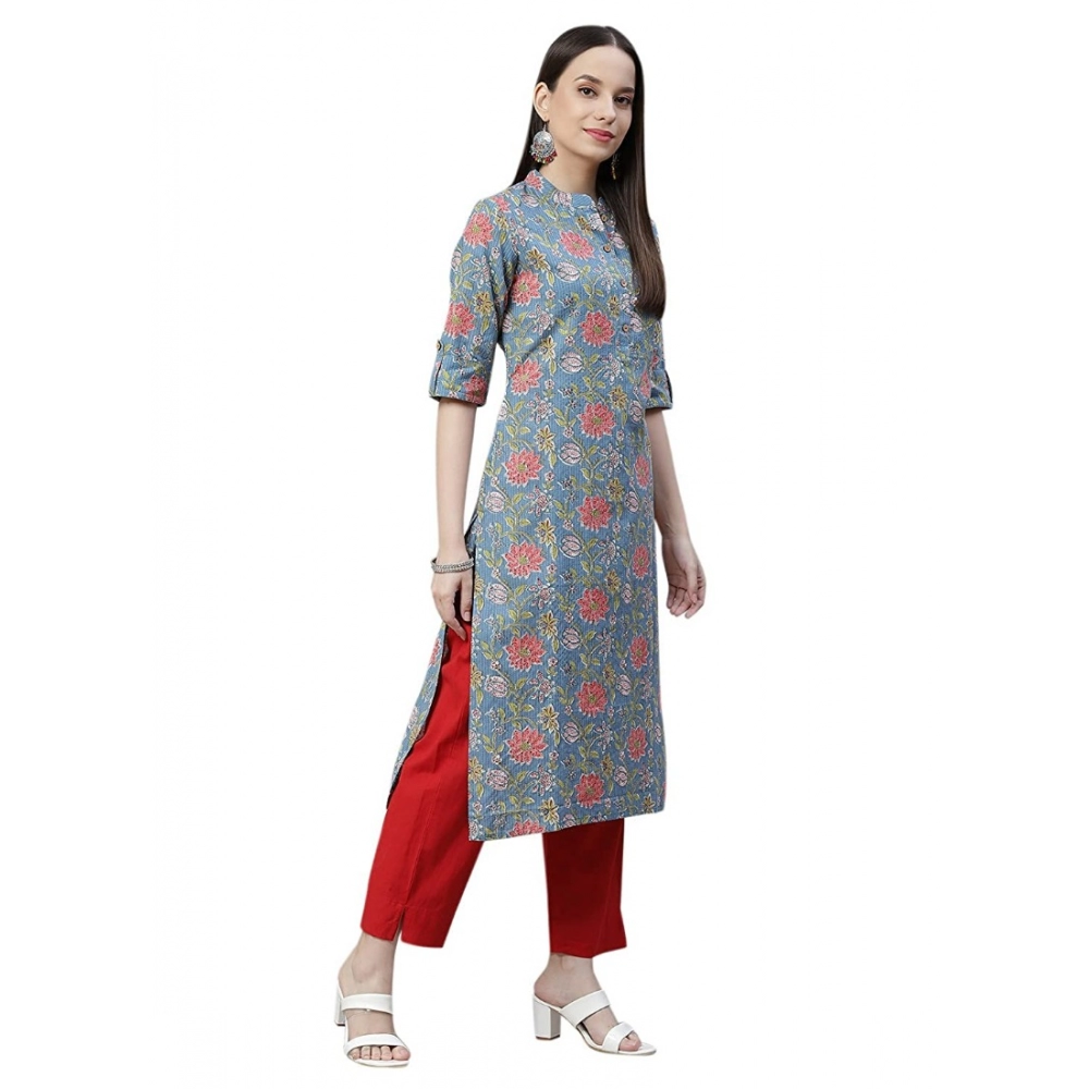 Women's Cotton Printed Straight Kurti (Blue, Cotton) - Image 5