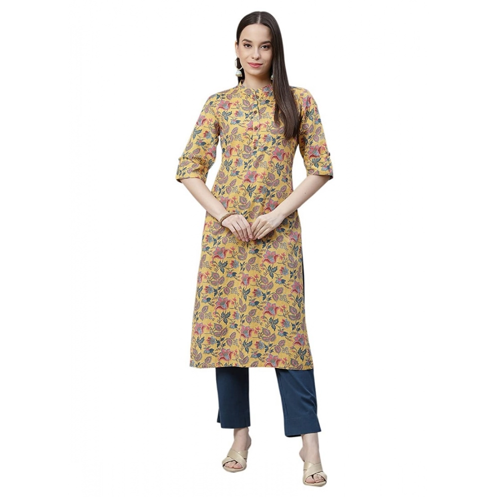 Women's Cotton Printed Straight Kurti (Yellow, Cotton)