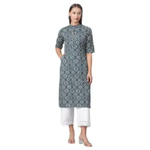 Women's Cotton Printed Straight Kurti (Blue, Cotton)
