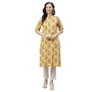 Women's Cotton Printed Straight Kurti (Yellow, Cotton)