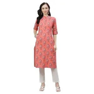 Women's Cotton Printed Straight Kurti (Peach, Cotton)