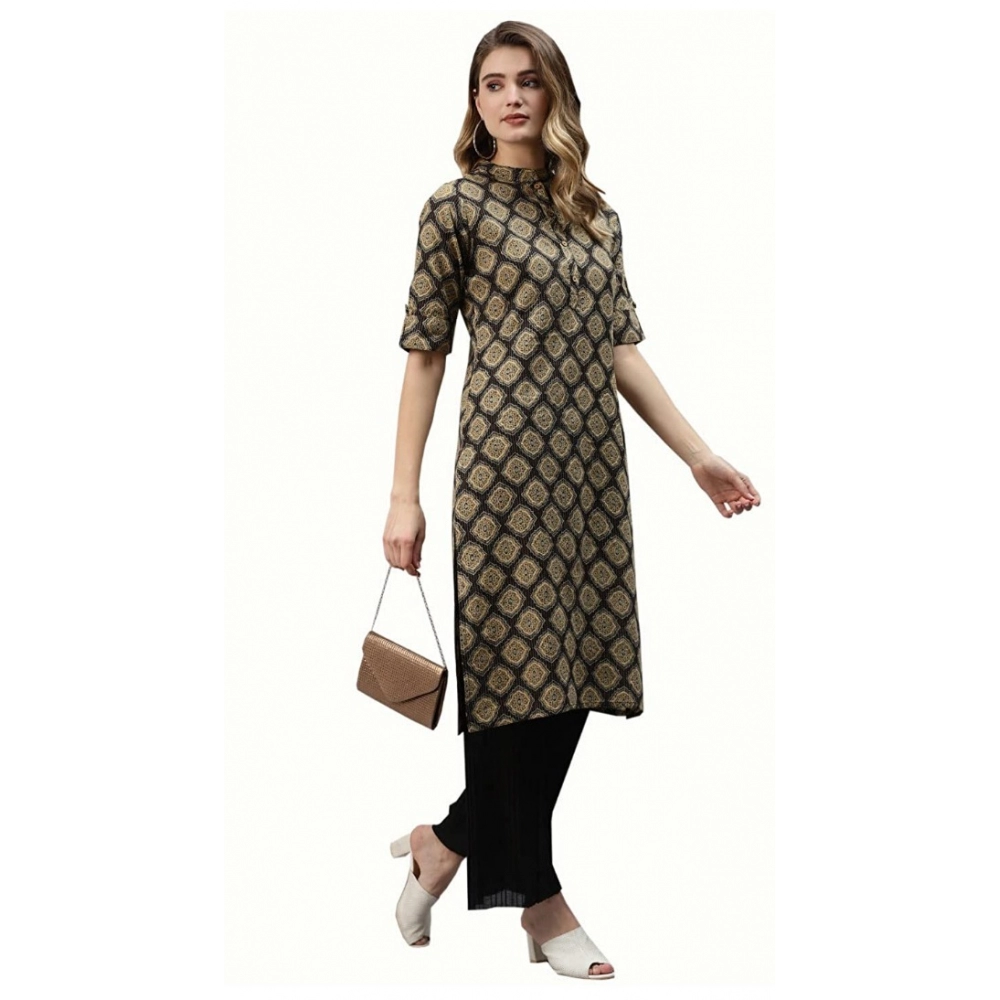 Women's Cotton Printed Straight Fit Kurti (Black, Cotton) - Image 3