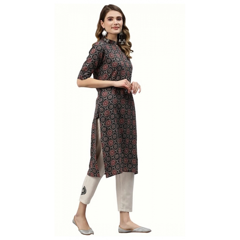 Women's Cotton Printed Straight Fit Kurti (Black, Cotton) - Image 4