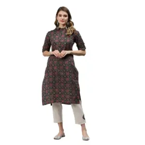 Women's Cotton Printed Straight Fit Kurti (Black, Cotton)