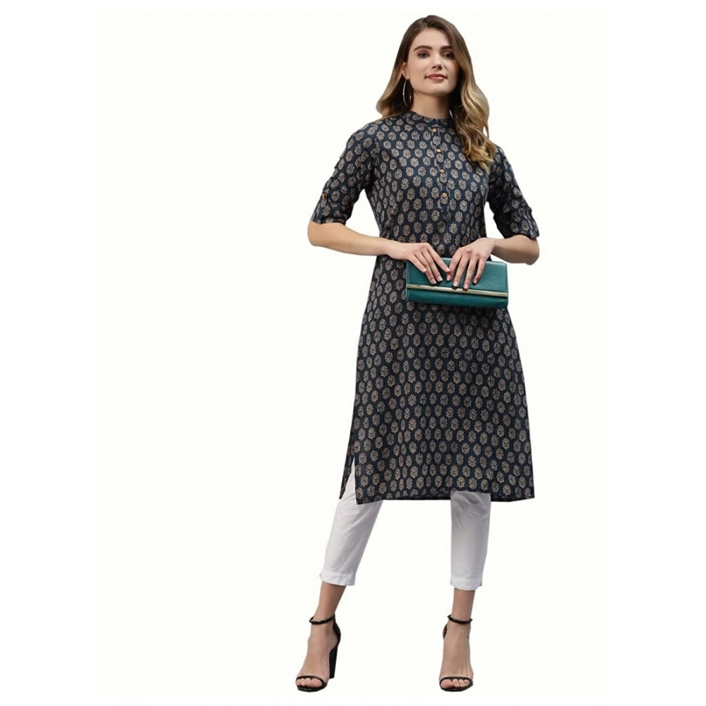 Women's Cotton Printed Straight Fit Kurti (Blue, Cotton) - Image 2