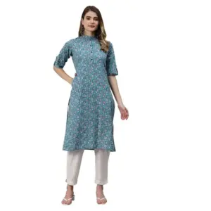 Women's Cotton Printed Straight Kurti (Sea Green, Cotton)