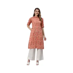 Women's Pure Cotton Printed Straight Kurti (Peach, Pure Cotton)