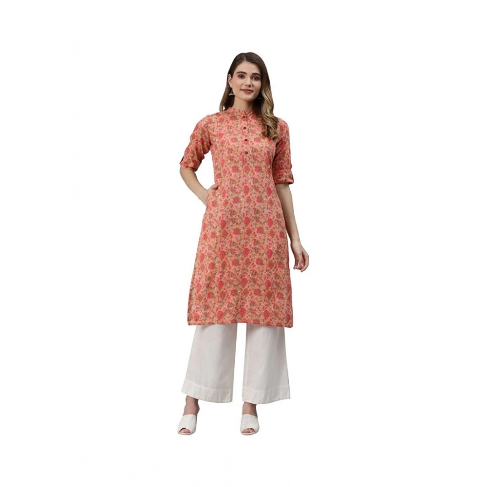 Women's Pure Cotton Printed Straight Kurti (Peach, Pure Cotton)