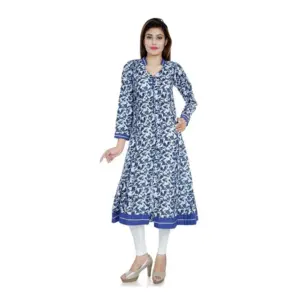 Women's Cotton Printed Long Kurti (White, Blue, Cotton)