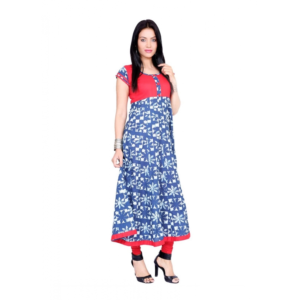 Women's Cotton Printed Long Kurti (Blue, Red, Cotton) - Image 6