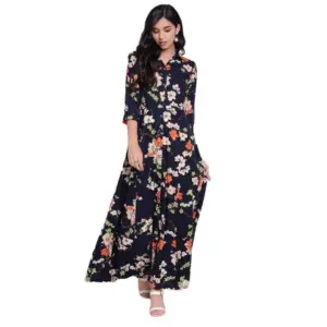 Women's Rayon Printed Maxi Dress (Navy Blue, Rayon)