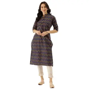 Women's Cotton Printed Solid Kurti (Blue, Cotton)