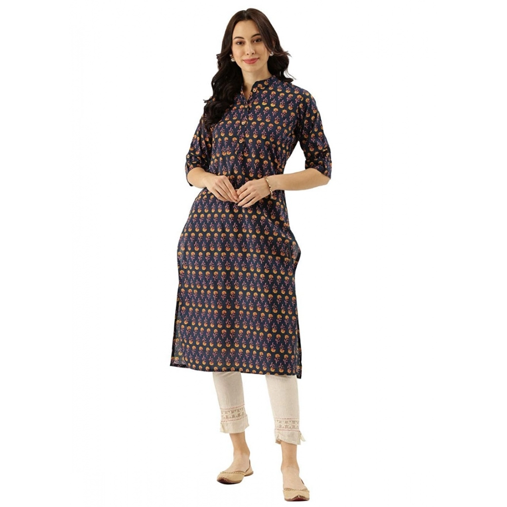 Women's Cotton Printed Solid Kurti (Blue, Cotton)