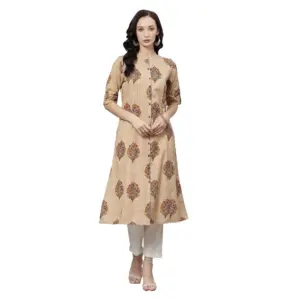 Women's Cotton Printed A Line Kurti (Beige, Cotton)