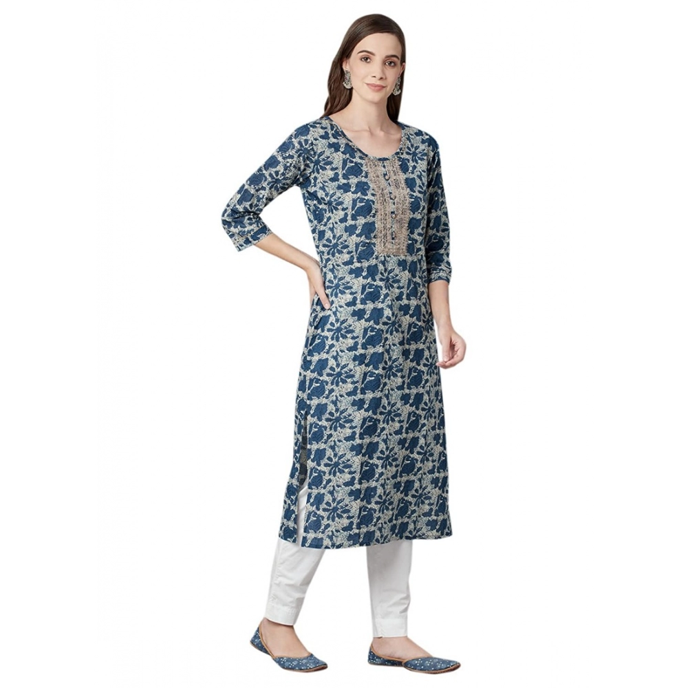 Women's Cotton Printed Straight Kurti (Blue, Cotton) - Image 5