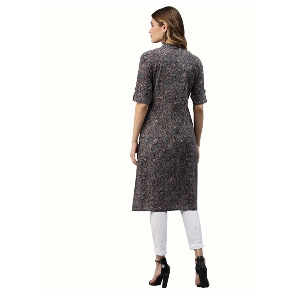 Women's Cotton Printed Straight Kurti (Dark Blue, Cotton) - Image 3