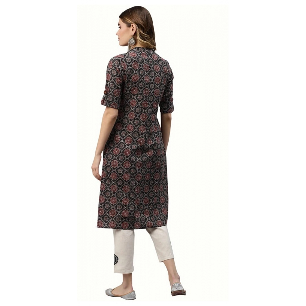 Women's Cotton Printed Straight Fit Kurti (Black, Cotton) - Image 2