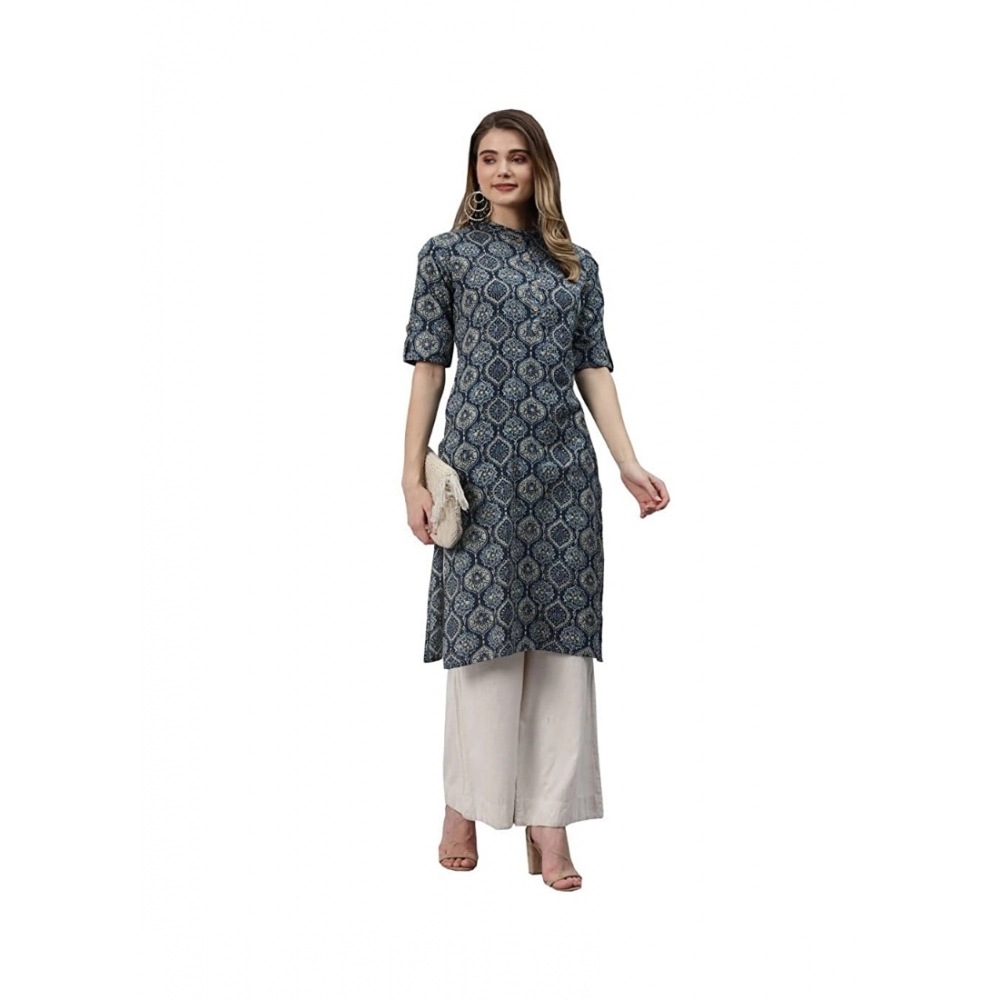 Women's Cotton Printed Straight Kurti (Navy Blue, Cotton) - Image 3