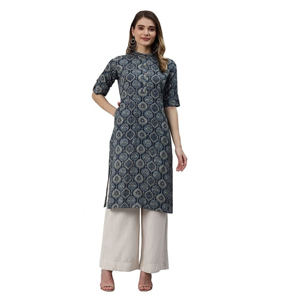 Women's Cotton Printed Straight Kurti (Navy Blue, Cotton)