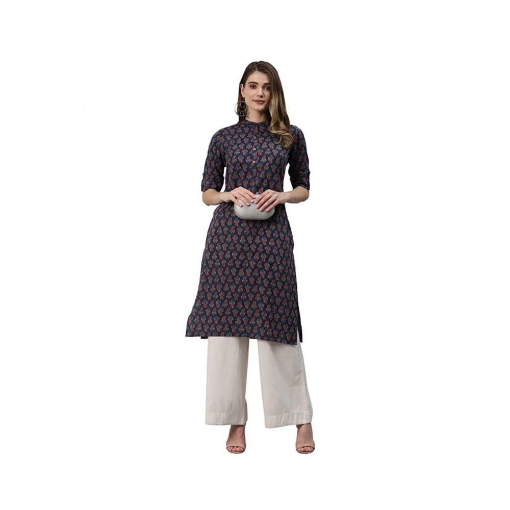 Women's Cotton Printed Straight Kurti (Navy Blue, Cotton) - Image 3