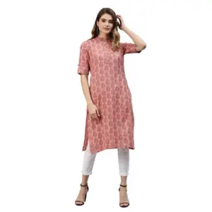 Women's Cotton Printed Straight Fit Kurti (Pink, Cotton)