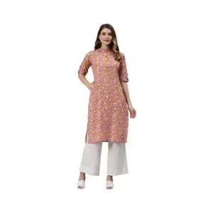 Women's Cotton Printed Straight Kurti (Pink, Cotton)