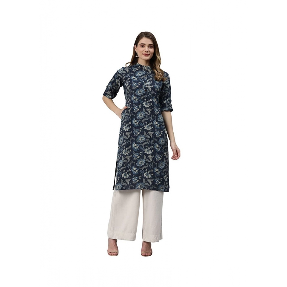 Women's Cotton Printed Straight Kurti (Navy Blue, Cotton)