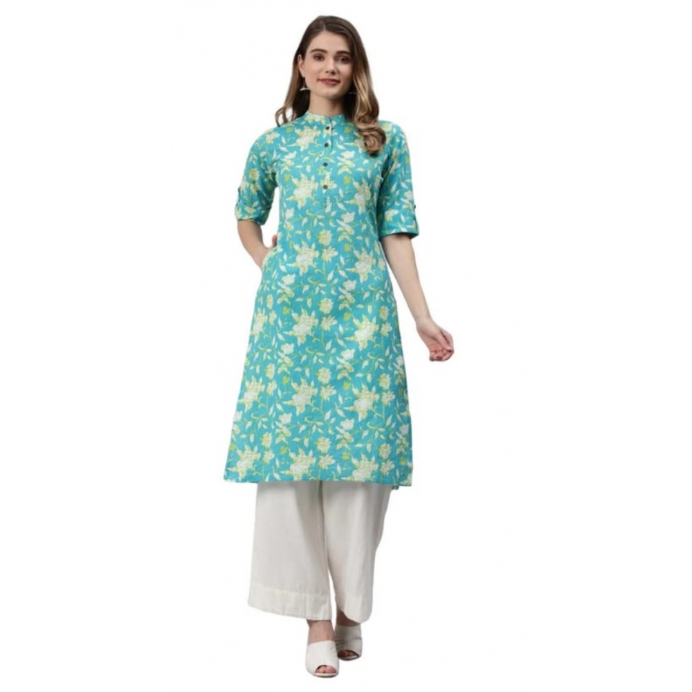 Women's Pure Cotton Printed Straight Kurti (Green, Pure Cotton)