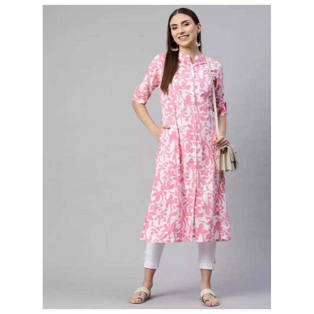 Women's Cotton Printed A Line Kurti (White, Pink, Cotton) - Image 2