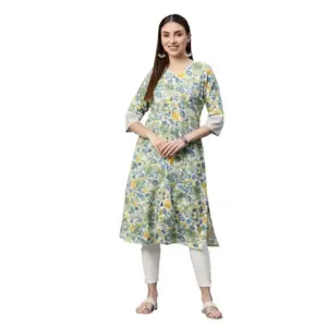 Women's Cotton Printed ?Straight Kurti (White, Green, Cotton)