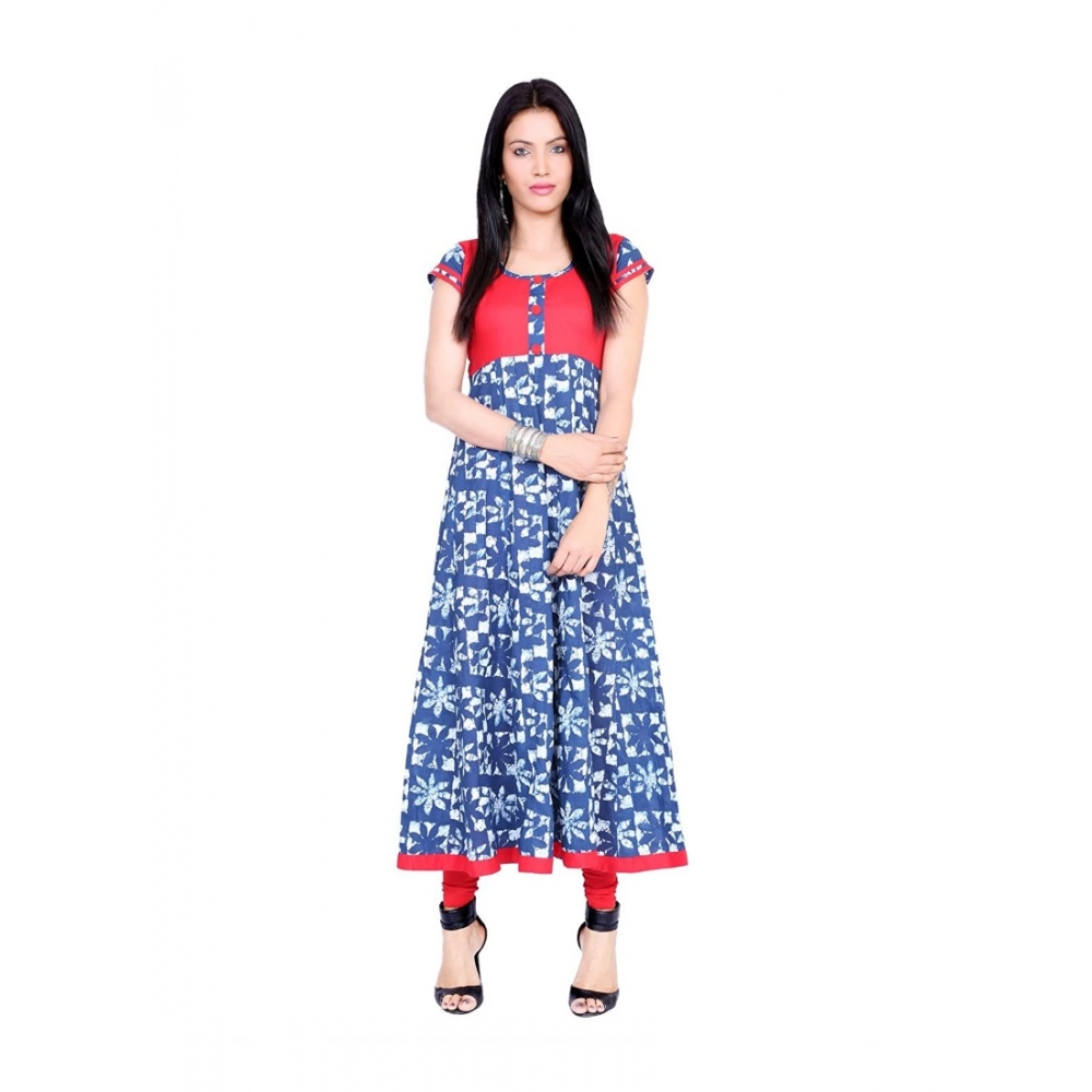 Women's Cotton Printed Long Kurti (Blue, Red, Cotton)
