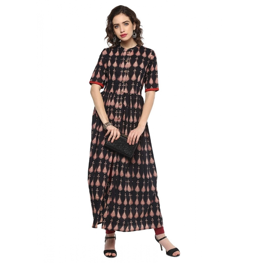 Women's Cotton Printed Front Slit Kurti (Black, Cotton) - Image 2