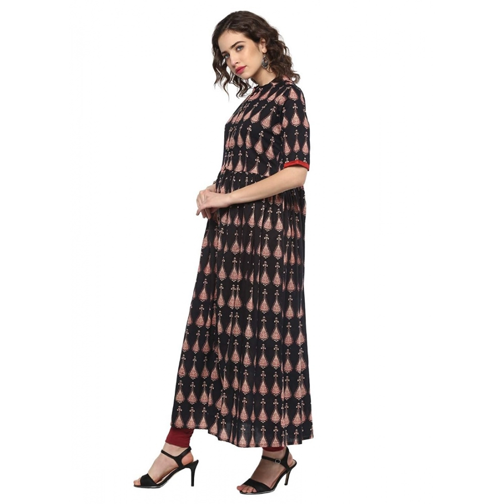 Women's Cotton Printed Front Slit Kurti (Black, Cotton) - Image 4