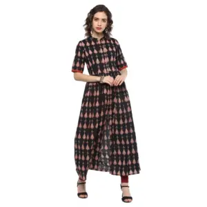 Women's Cotton Printed Front Slit Kurti (Black, Cotton)