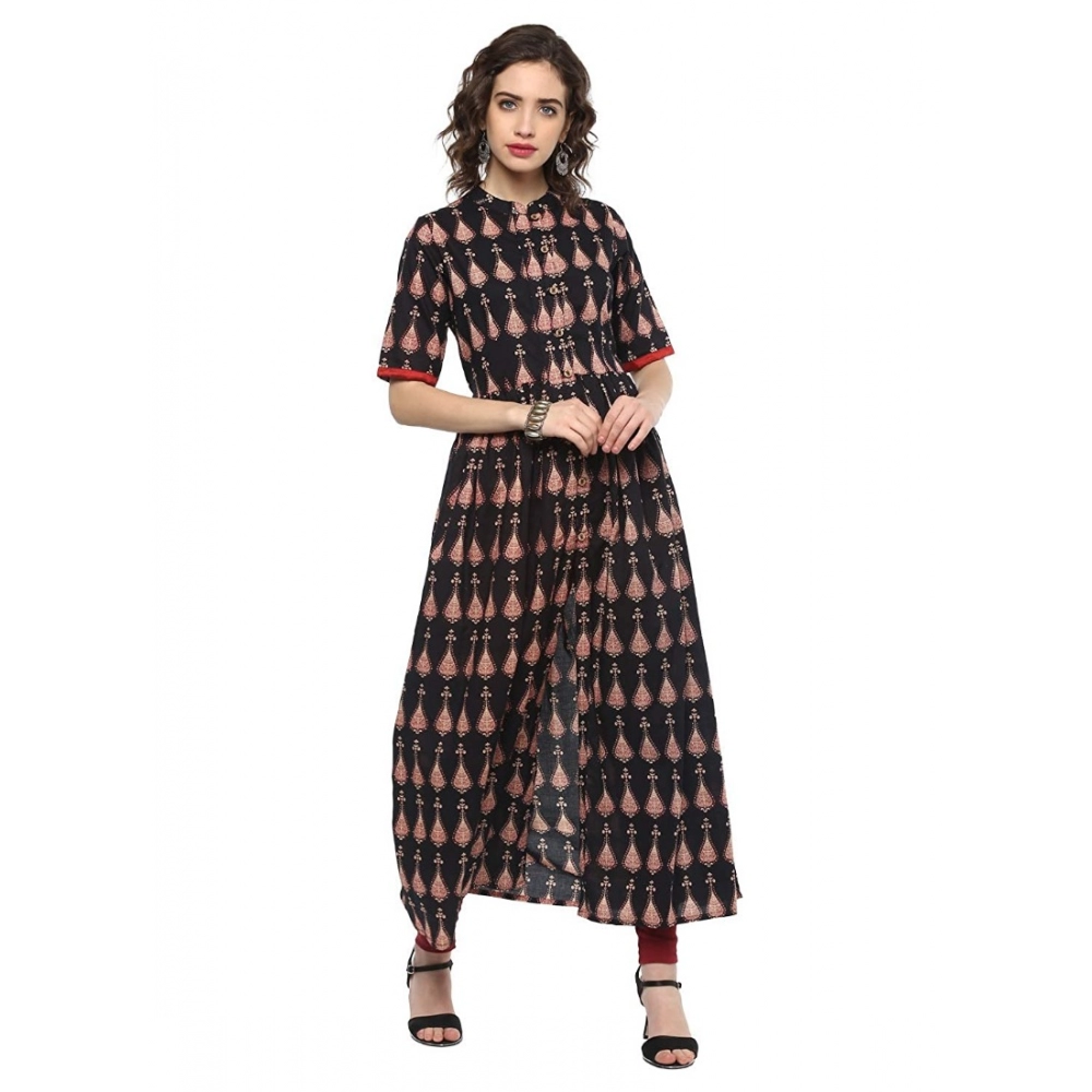Women's Cotton Printed Front Slit Kurti (Black, Cotton)