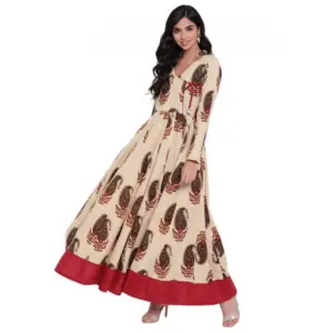Women's Cotton Printed Angrakha Kurti (Cream, Cotton)